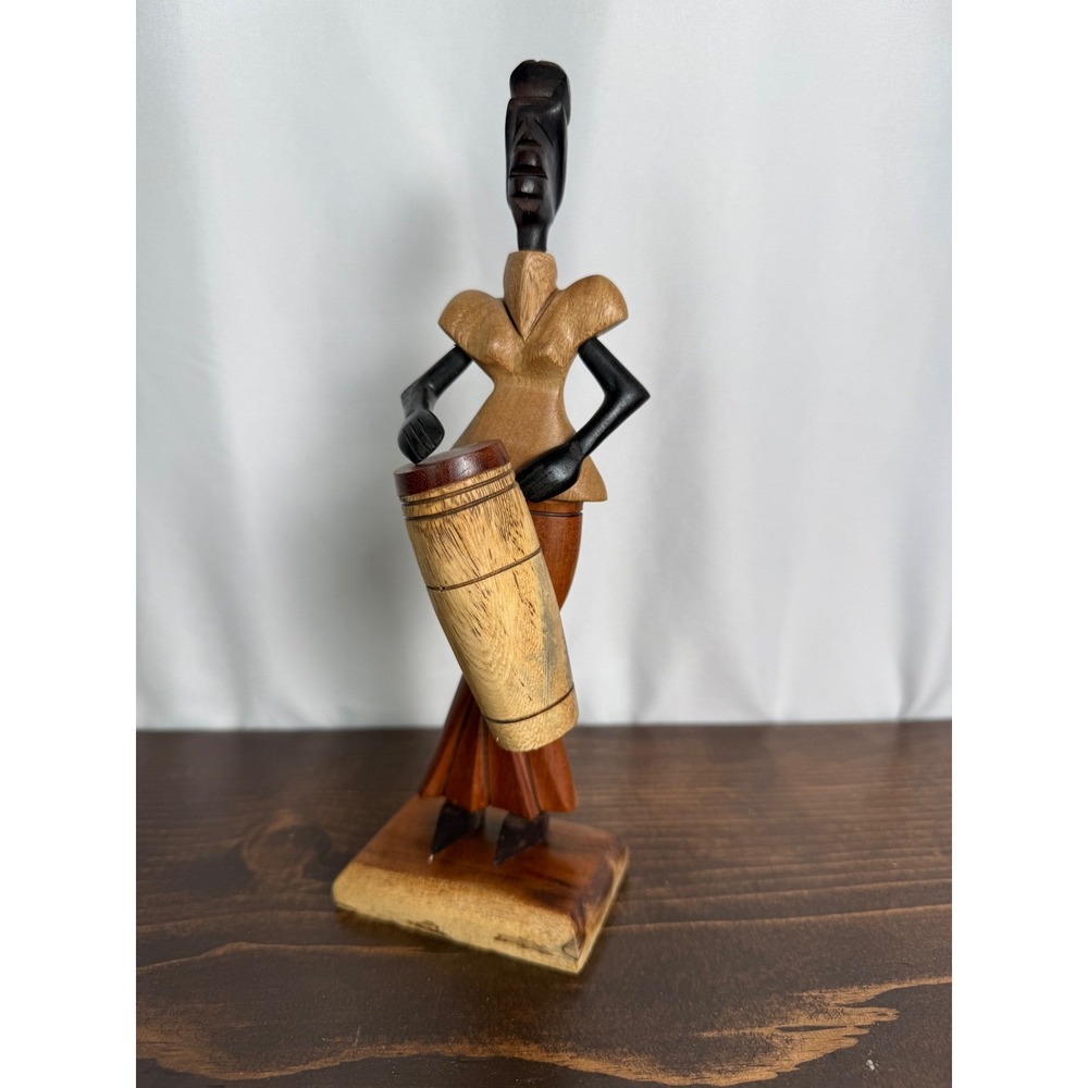 Hand Carved Wood African Woman Drummer Figurine Folk Art Signed Sculpture Cuba‎